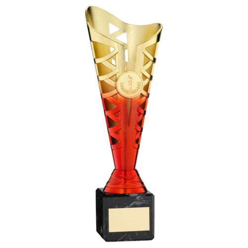 Gold/Red Plastic Titan Cup On Black Marble Assembled Trophy (1In Cen) - 10In Thumbnail