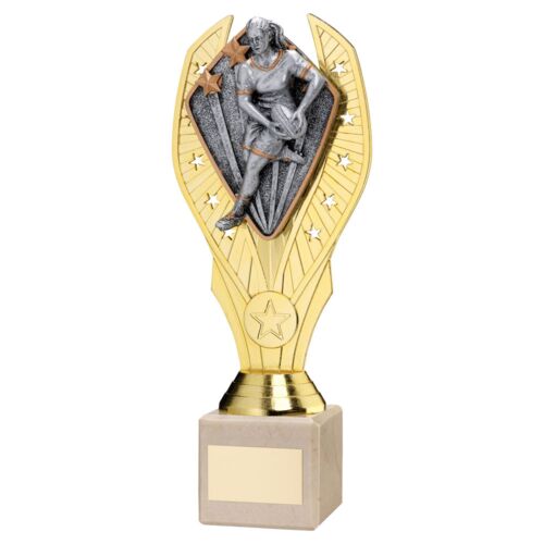 Gold Plastic Holder + Female Rugby Disc On Cream Marble Trophy (1In Cen) - 7.75In Thumbnail