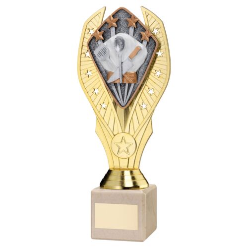 Gold Plastic Holder + Cooking Disc On Cream Marble Trophy (1In Cen) - 11In Thumbnail