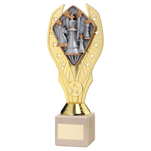 Gold Plastic Holder + Chess Disc On Cream Marble Trophy (1In Cen) - 8.25In Thumbnail