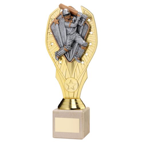 Gold Plastic Holder + Cricket Batsman Disc+Cream Marble Trophy (1In Cen) - 8.25In Thumbnail
