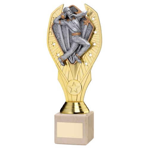 Gold Plastic Holder + Cricket Bowler Disc & Cream Marble Trophy (1In Cen) - 7.75In Thumbnail